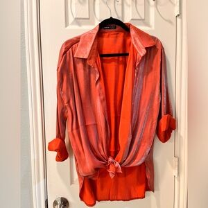 Shimmery Button down, Red & Silver